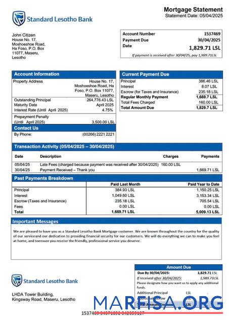 Blank Lesotho Standard Lesotho Bank mortgage statement Word and PDF template